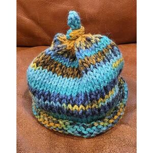 Handcrafted Blue Brown 3 Month Baby Winter Beanie Hat Rolled Bottom Outdoors